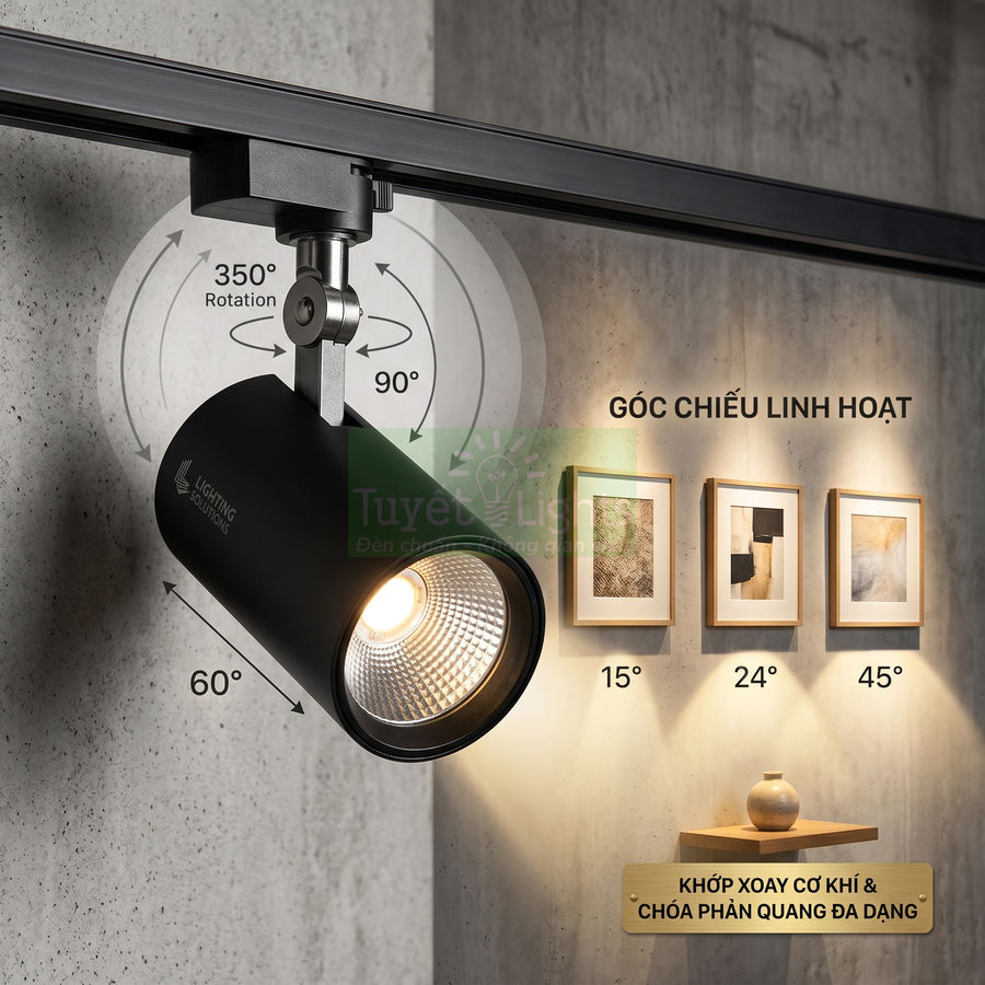 Đèn rọi ray đen Lighting Solutions góc chiếu linh hoạt chiếu sáng tranh treo tường trong phòng hiện đại