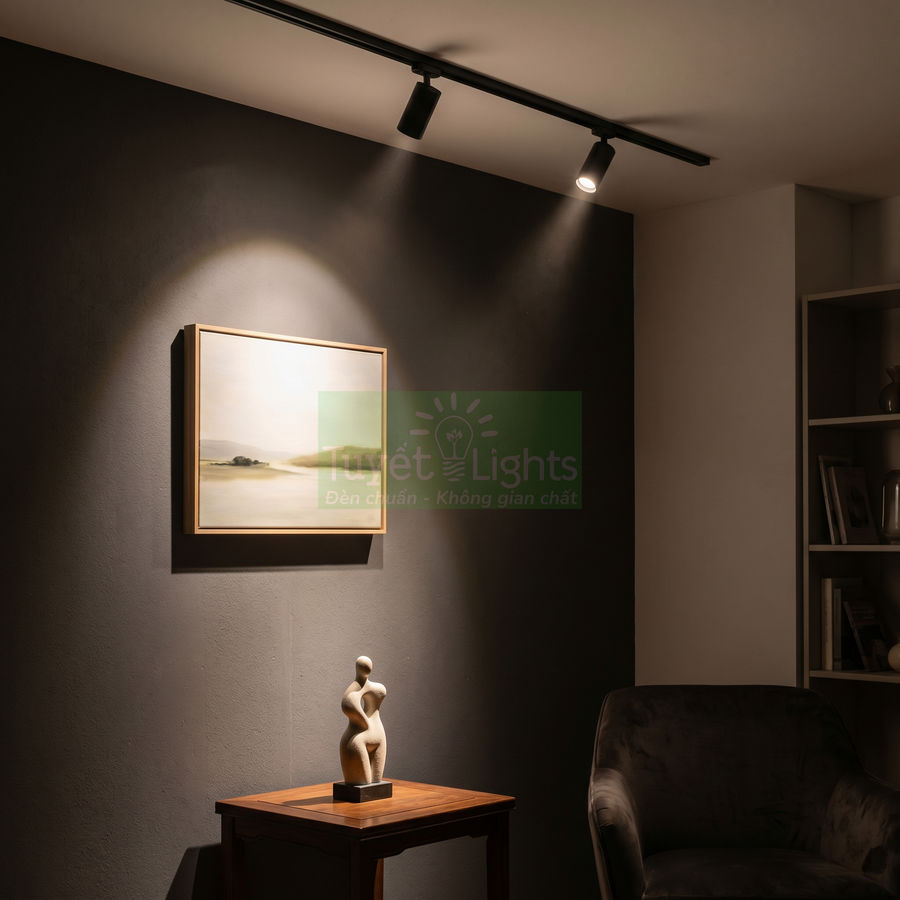 Đèn rọi ray LED chiếu tranh treo tường trong phòng khách hiện đại, ánh sáng tập trung làm nổi bật tác phẩm nghệ thuật