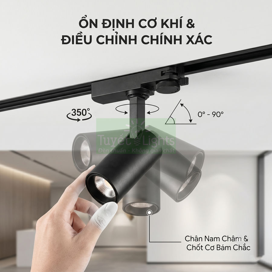 Đèn rọi ray Tuyết Lights màu đen, xoay 350 độ và chỉnh góc chiếu linh hoạt trong không gian nội thất