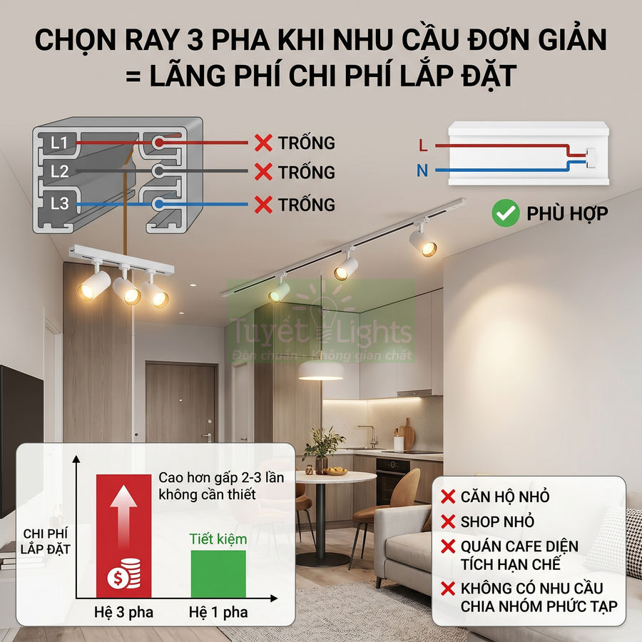 Đèn ray 1 pha Tuyết Lights lắp trần phòng khách bếp nhỏ gọn, tiết kiệm chi phí so với hệ ray 3 pha
