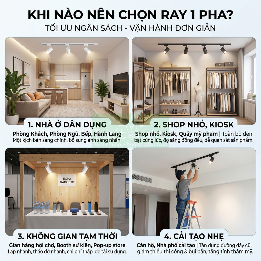 Ứng dụng đèn ray 1 pha cho nhà ở, shop nhỏ, gian hàng tạm thời và cải tạo trần nhà tăng sáng tiết kiệm chi phí
