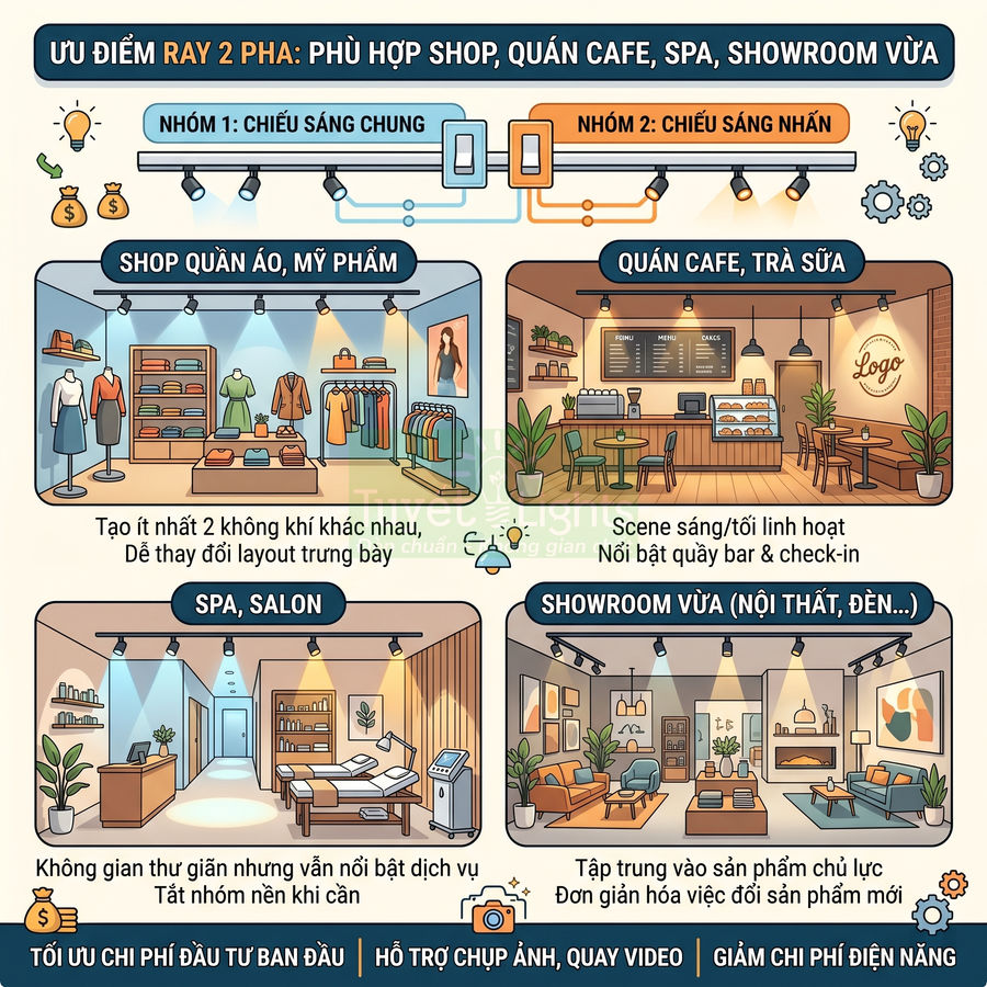 Đèn ray 2 pha chiếu sáng shop quần áo, quán cafe, spa và showroom nội thất đa dạng không gian