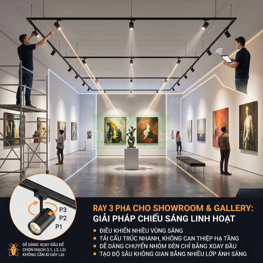 Đèn rọi ray 3 pha chiếu sáng phòng trưng bày tranh và tượng trong showroom gallery hiện đại