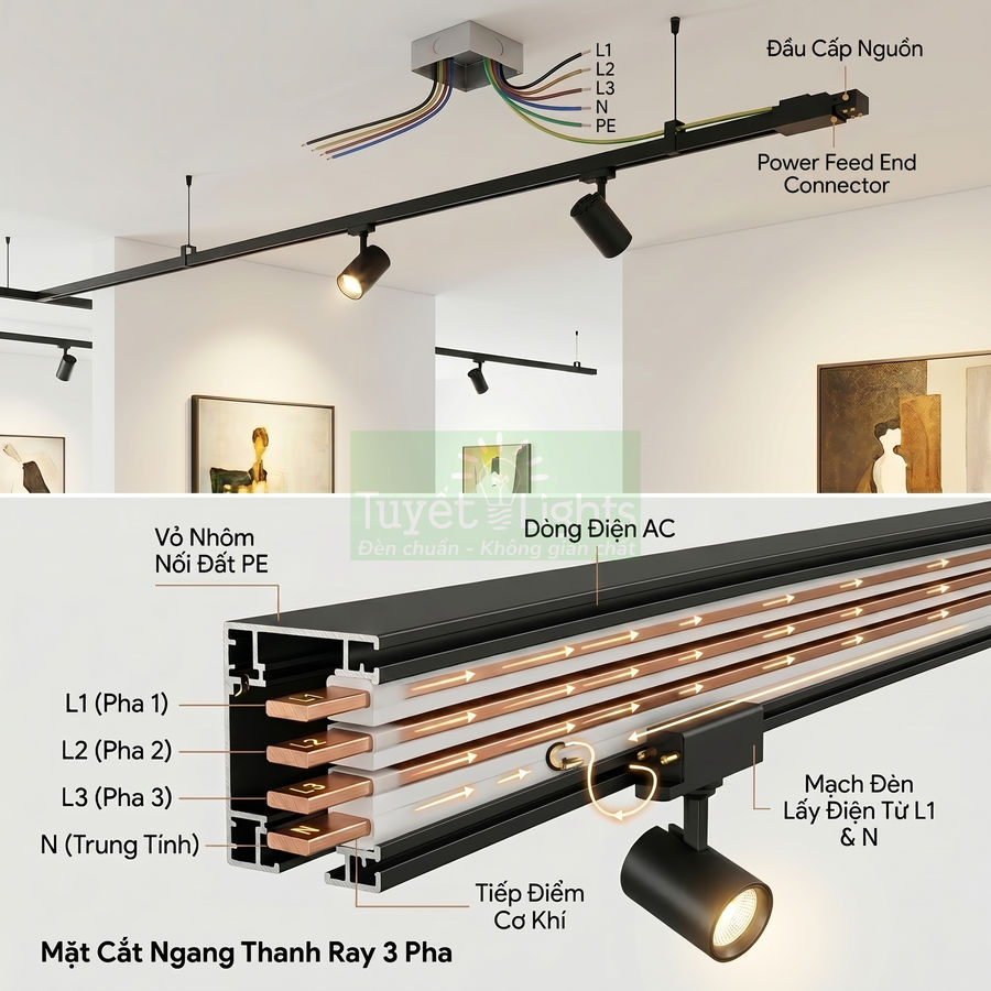 Cấu tạo thanh ray đèn rọi 3 pha bằng nhôm, sơ đồ dây dẫn L1 L2 L3 N PE và cách lấy điện cho đèn rọi trần