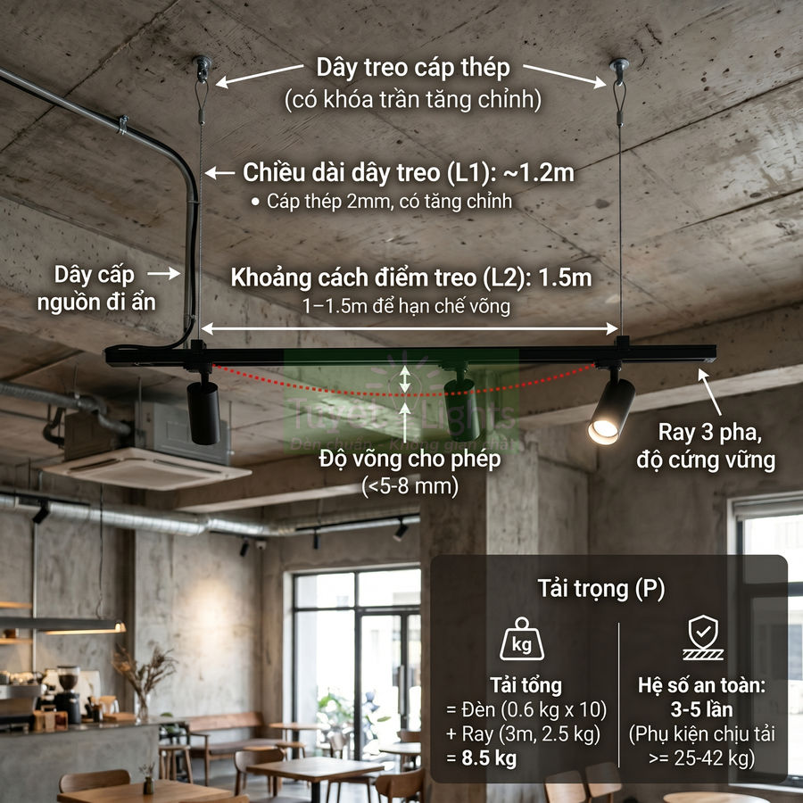 Đèn ray 3 pha treo trần bằng cáp thép trong quán cà phê, hiển thị thông số tải trọng và khoảng cách lắp đặt