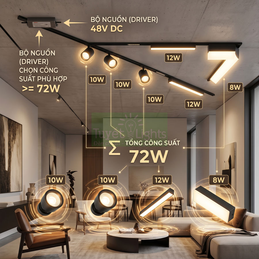 Hệ thống đèn ray nam châm 48V DC trong phòng khách hiện đại, minh họa tổng công suất chiếu sáng 72W
