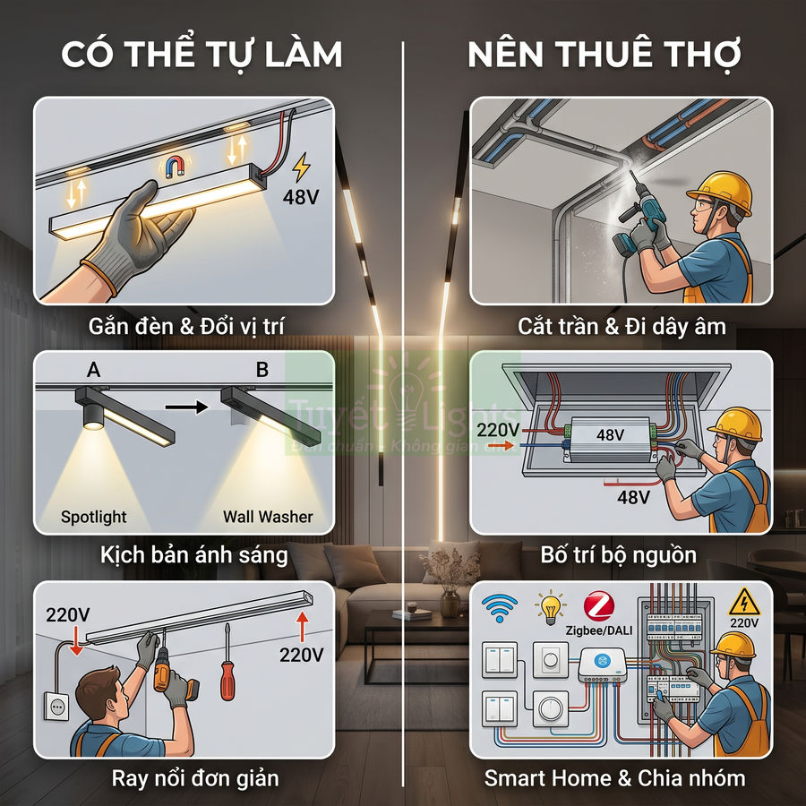 So sánh lắp đặt ray đèn nổi 48V tự làm và hệ thống chiếu sáng âm trần, smart home cần thợ điện chuyên nghiệp