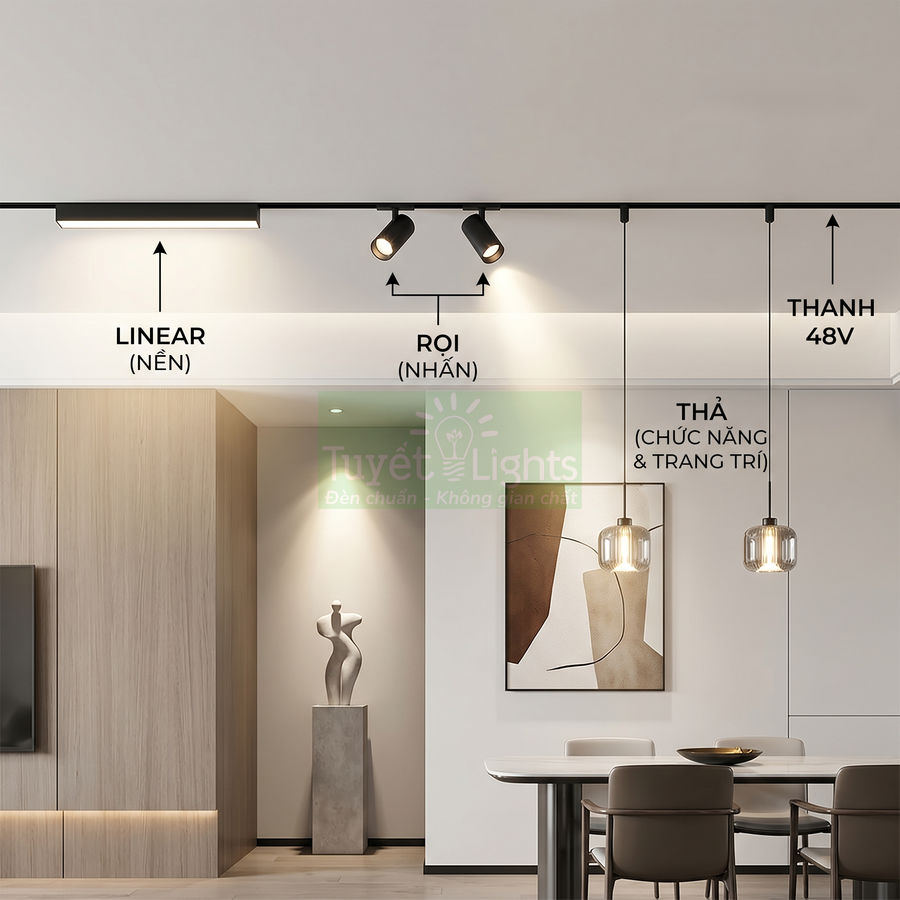 Hệ đèn ray 48V với đèn linear, đèn rọi và đèn thả trang trí chiếu sáng phòng ăn hiện đại