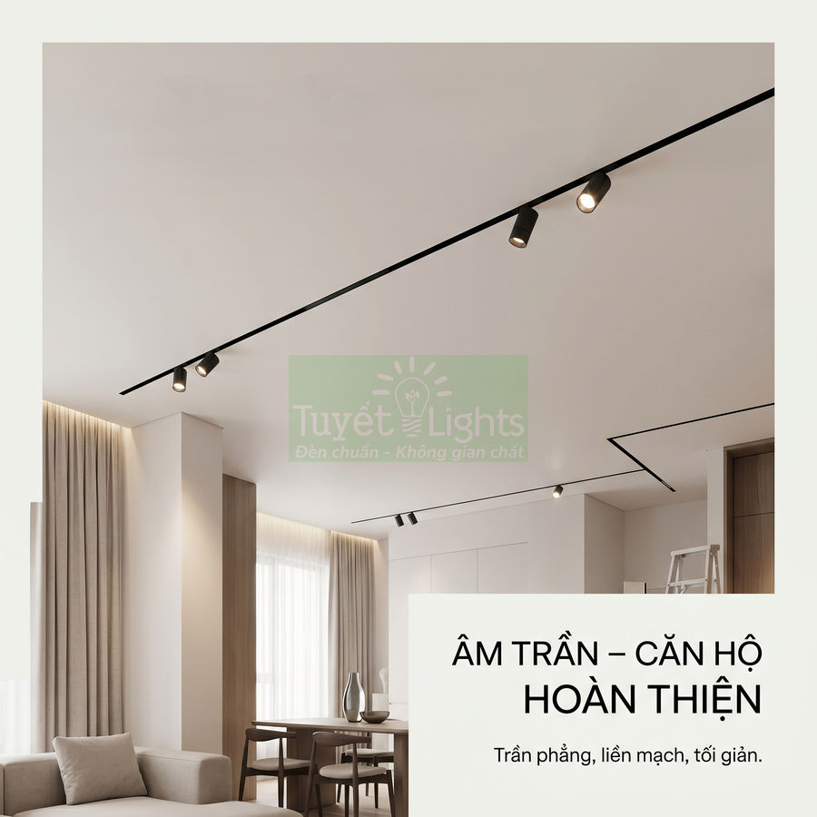 Đèn rọi ray âm trần Tuyết Lights lắp đặt trong phòng khách căn hộ hiện đại, trần phẳng tối giản