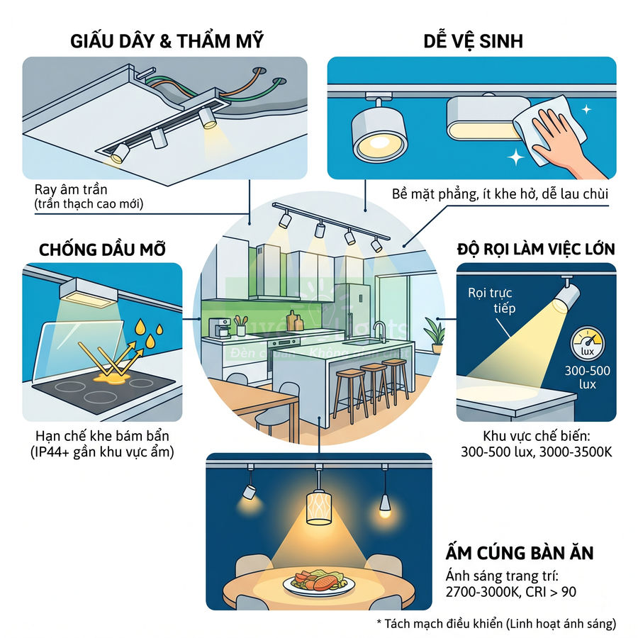 Đèn ray âm trần cho phòng bếp và bàn ăn, giấu dây thẩm mỹ, dễ vệ sinh, chống dầu mỡ, chiếu sáng mạnh và ấm cúng