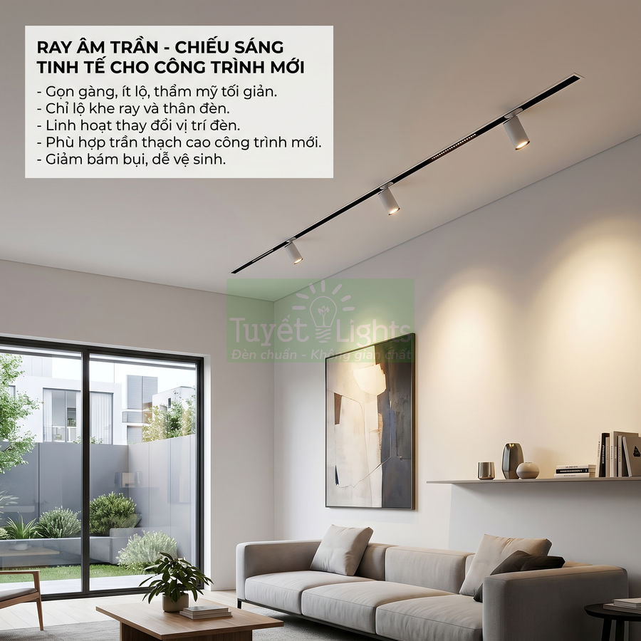Đèn ray âm trần Tuyết Lights chiếu sáng phòng khách hiện đại trần thạch cao