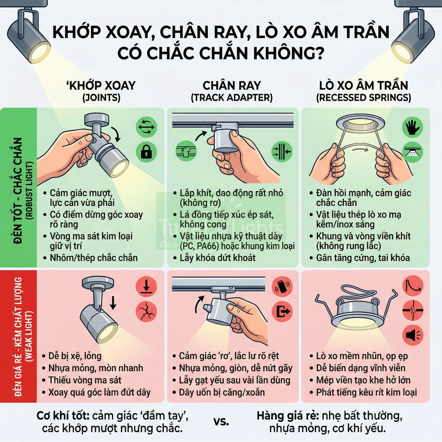 So sánh đèn rọi ray cao cấp và đèn giá rẻ qua khớp xoay, chân ray, lò xo âm trần bằng hình minh họa chi tiết