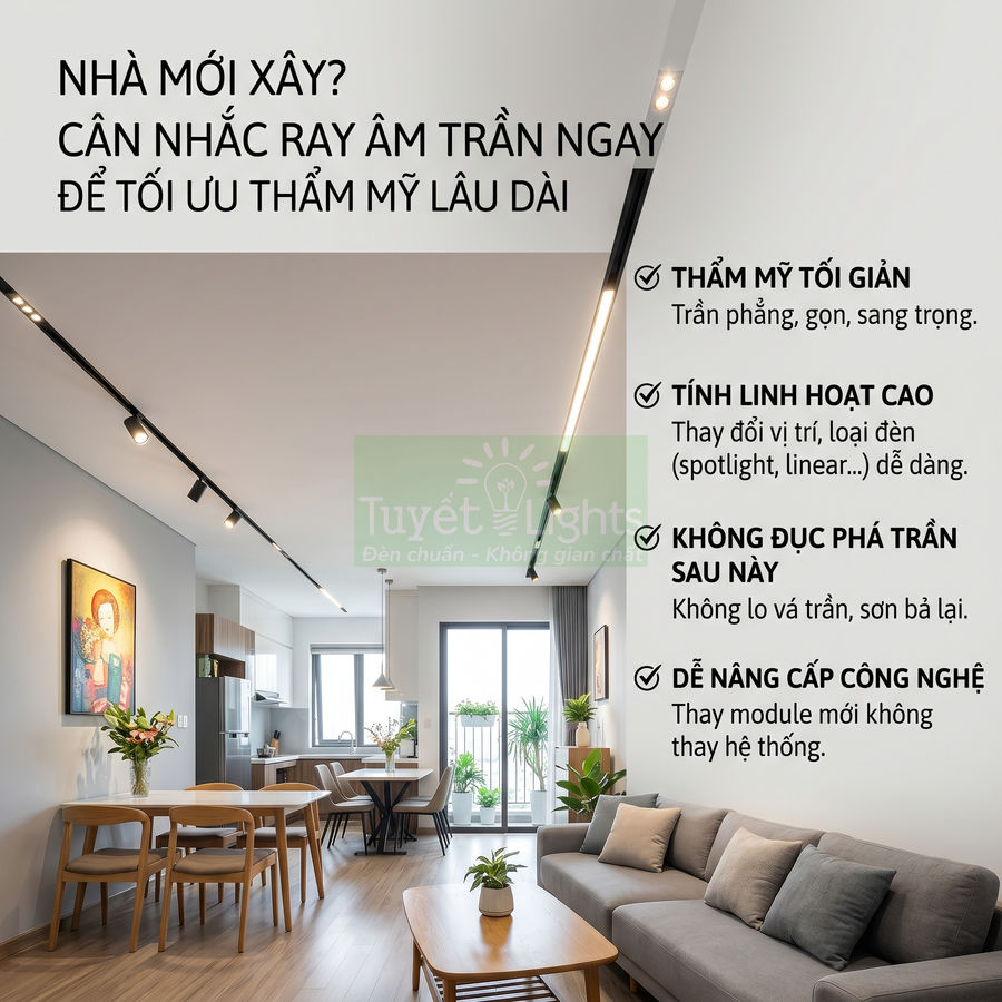 Đèn ray âm trần Tuyết Lights lắp trong phòng khách và bếp căn hộ hiện đại, trần phẳng tối giản
