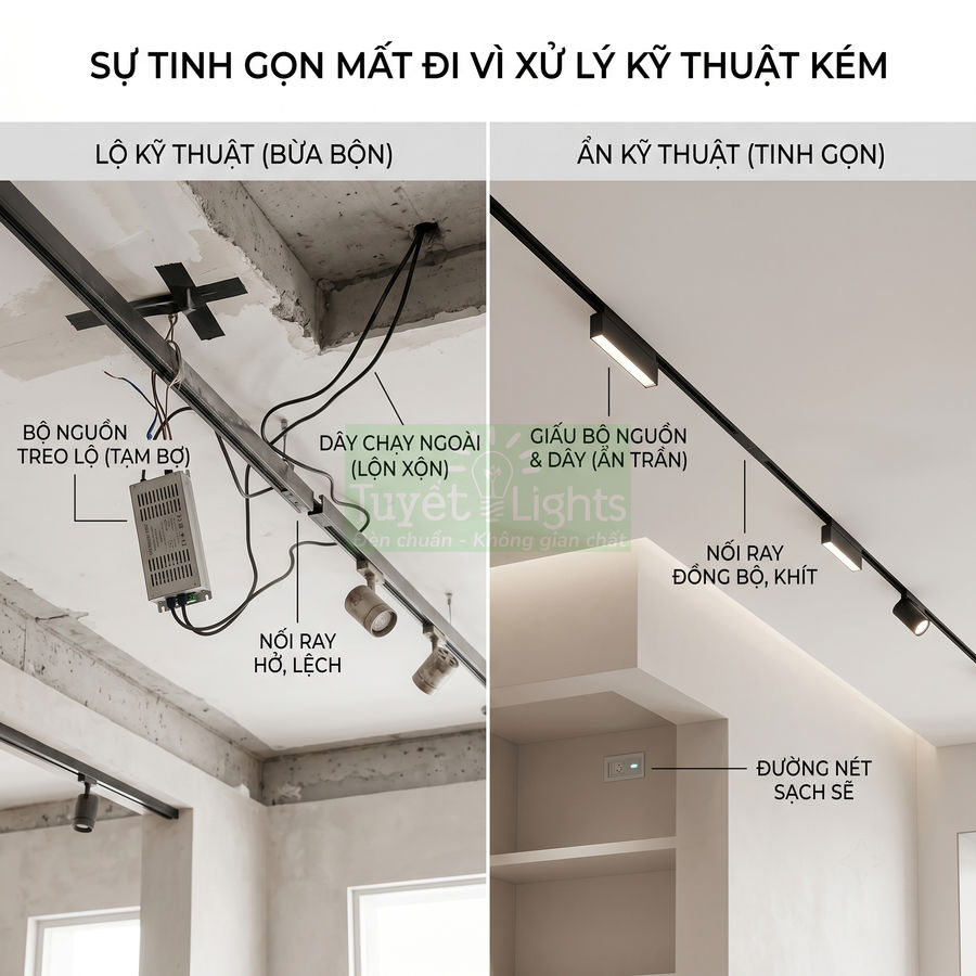 So sánh hệ thống đèn ray nổi bừa bộn và đèn ray âm trần tinh gọn của Tuyết Lights trên trần nhà