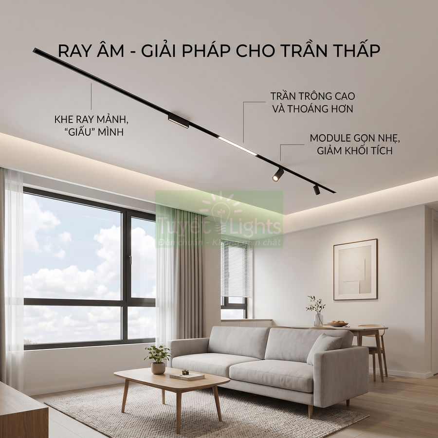Đèn ray âm trần Tuyết Lights lắp trong phòng khách trần thấp, thiết kế hiện đại gọn nhẹ