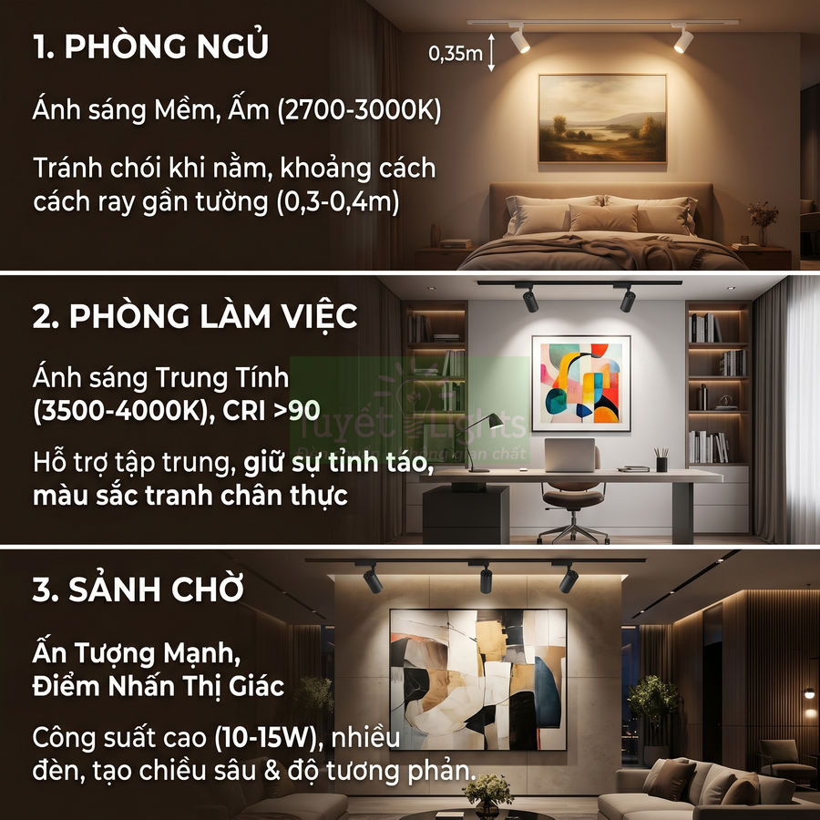 Đèn rọi ray LED chiếu tranh cho phòng ngủ, phòng làm việc và sảnh chờ với các mức nhiệt màu khác nhau