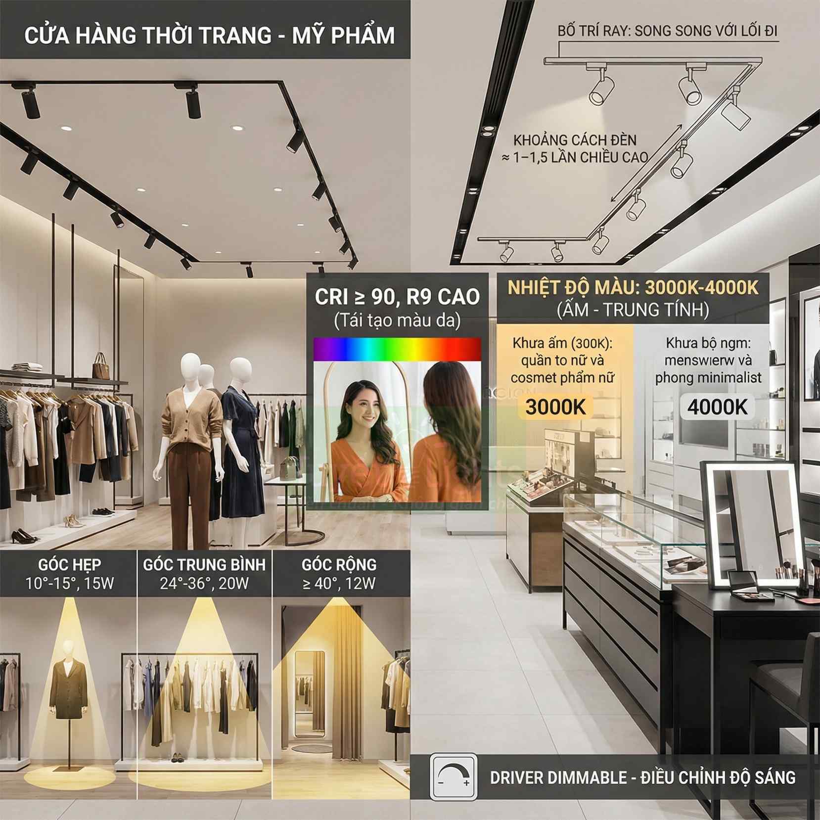 Đèn rọi ray LED chiếu sáng cửa hàng thời trang mỹ phẩm với nhiều góc chiếu và nhiệt độ màu khác nhau