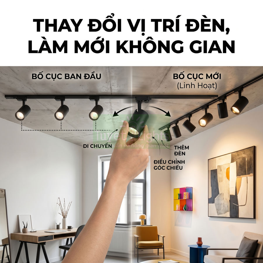 Đèn rọi ray trần nhà có thể di chuyển và điều chỉnh góc chiếu, làm mới không gian phòng khách