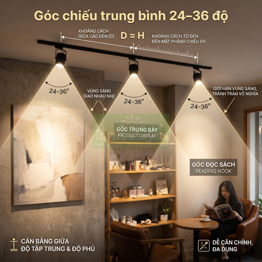 Đèn rọi ray LED chiếu sáng góc trưng bày sản phẩm và góc đọc sách trong phòng khách hiện đại