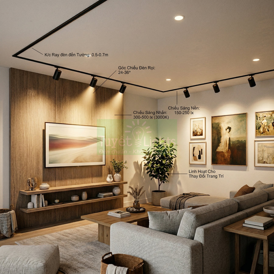 Đèn rọi ray trần chiếu tranh và nội thất phòng khách hiện đại tông gỗ ấm