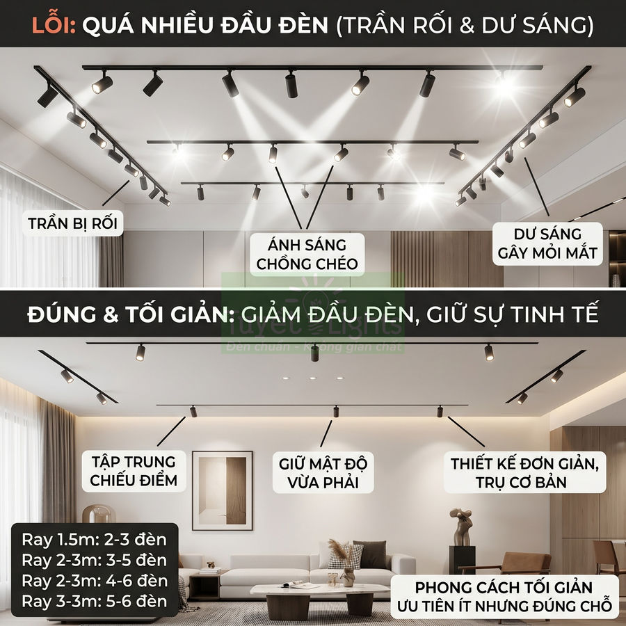 So sánh bố trí đèn ray chiếu điểm trên trần nhà, minh họa cách giảm số lượng đèn để không gian tối giản