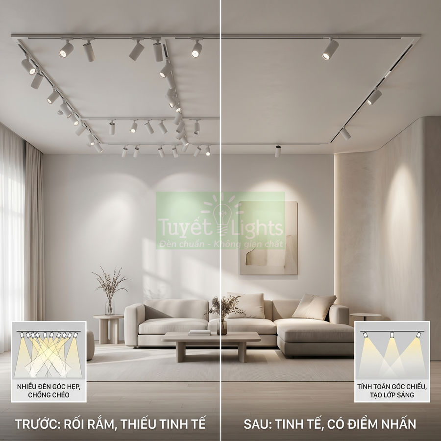 Đèn rọi ray Tuyết Lights lắp trần phòng khách, so sánh bố trí cũ rối mắt và bố trí mới tinh tế có điểm nhấn