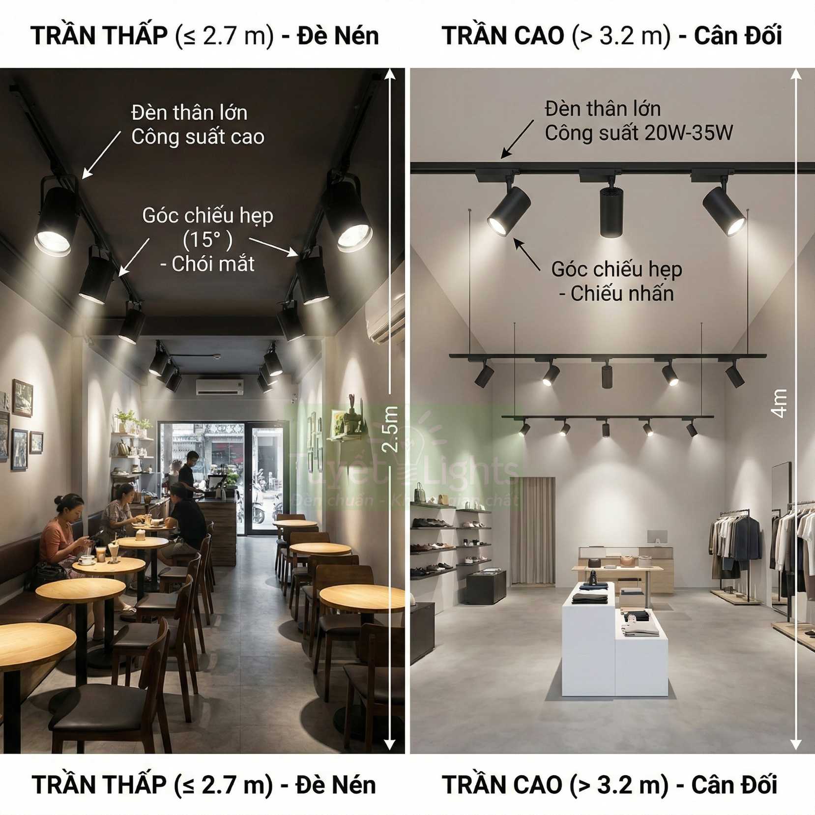 So sánh bố trí đèn rọi ray cho trần thấp quán cà phê và trần cao cửa hàng thời trang