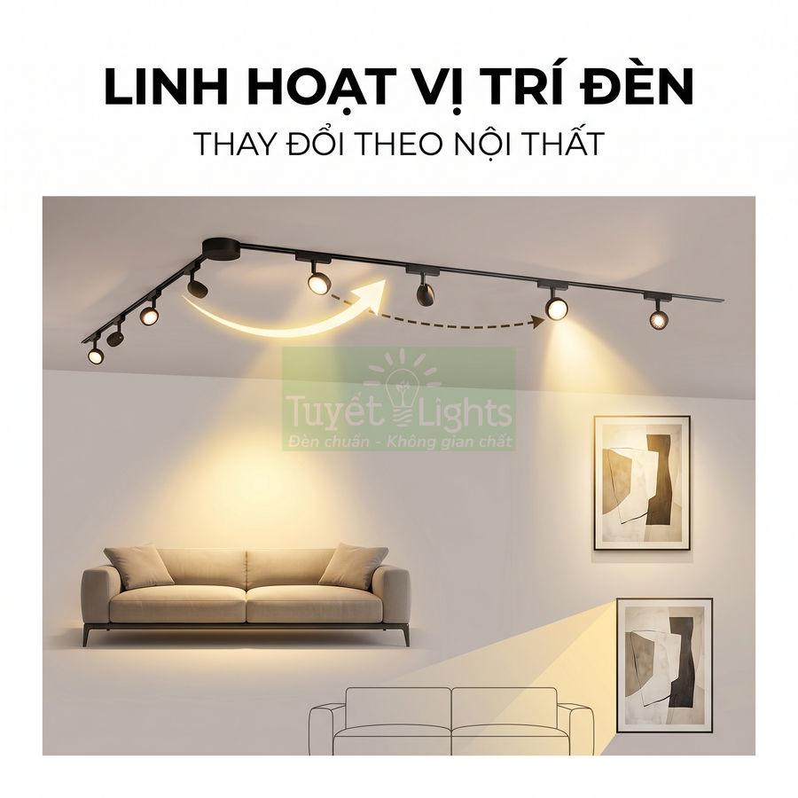 Đèn rọi ray Tuyết Lights chiếu sáng phòng khách hiện đại với ghế sofa và tranh treo tường