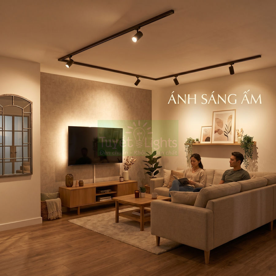 Đèn rọi ray ánh sáng ấm lắp trần chiếu sáng phòng khách hiện đại với sofa và kệ tivi gỗ