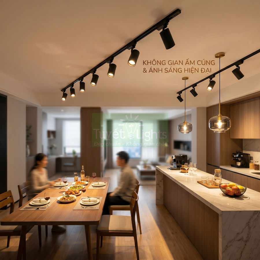 Đèn rọi ray Tuyết Lights chiếu sáng hiện đại cho phòng bếp và bàn ăn gỗ ấm cúng