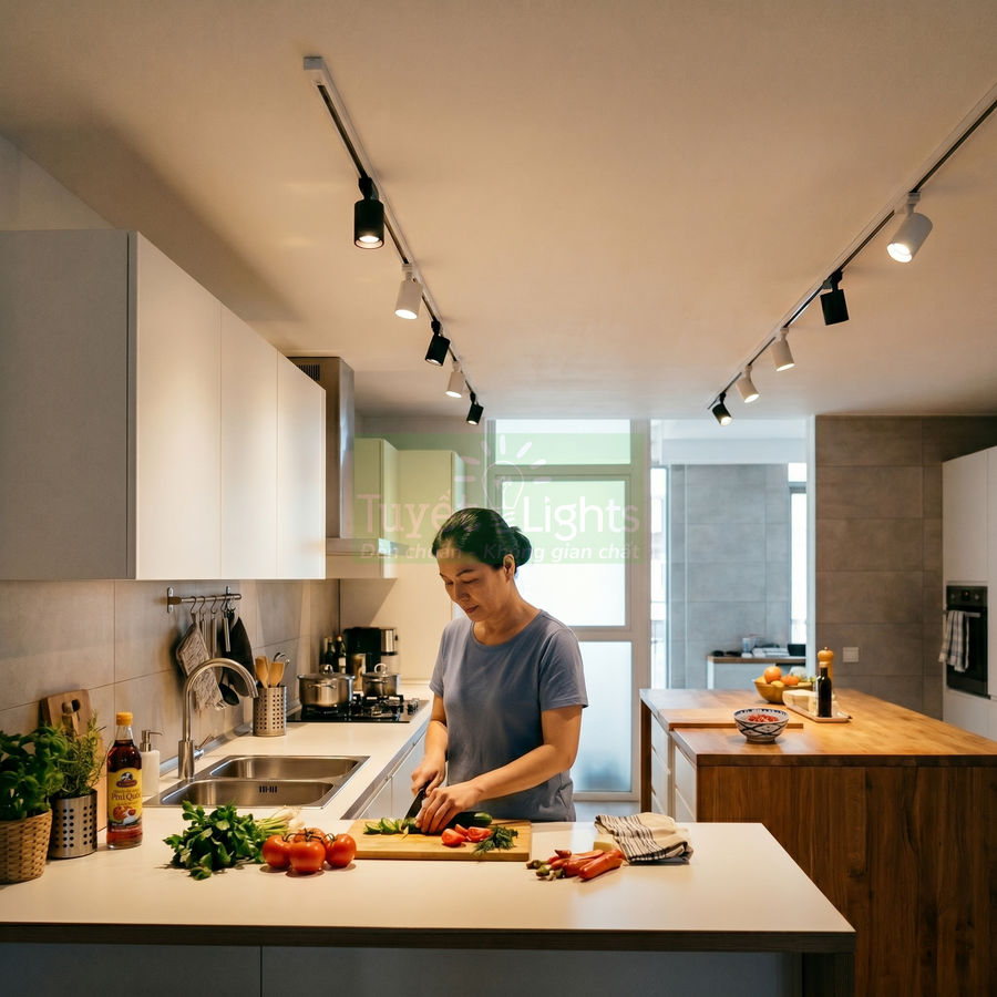 Đèn rọi ray Tuyết Lights chiếu sáng không gian bếp hiện đại nơi người phụ nữ đang chuẩn bị món ăn