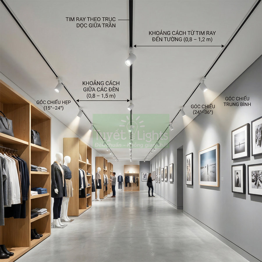 Đèn rọi ray Tuyết Lights chiếu sáng cửa hàng thời trang với ma nơ canh và tranh treo tường