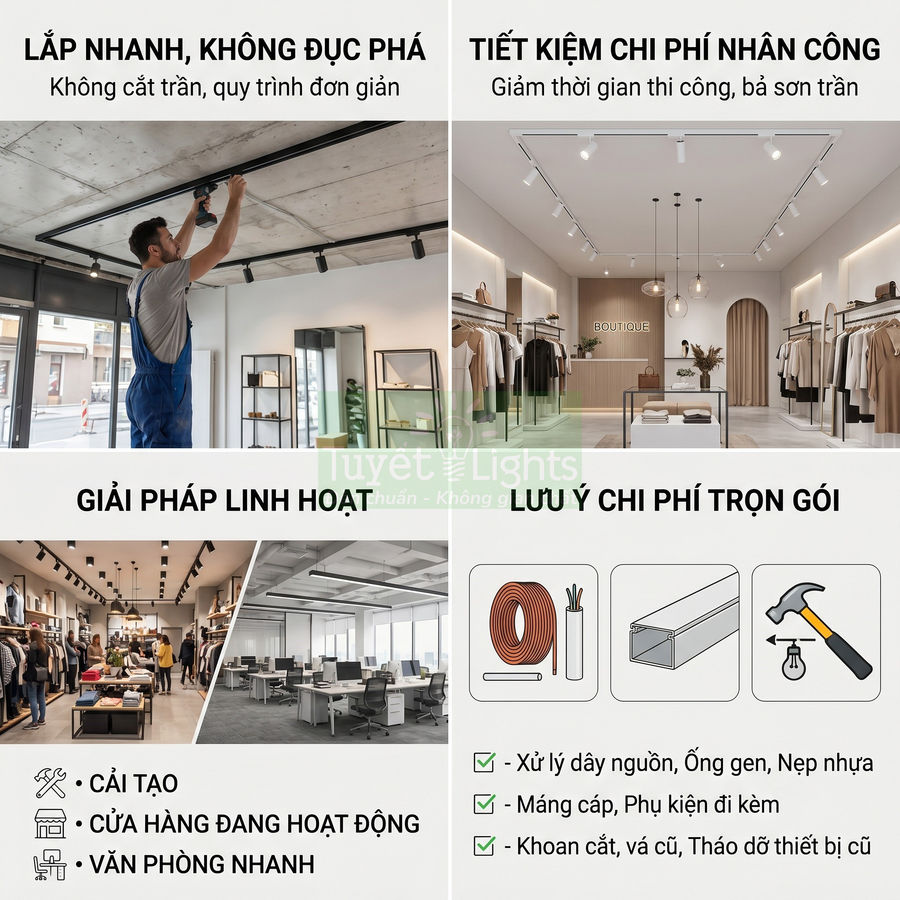 Giải pháp đèn ray nổi Tuyết Lights cho cửa hàng và văn phòng, lắp đặt nhanh không cắt trần, linh hoạt cải tạo không gian