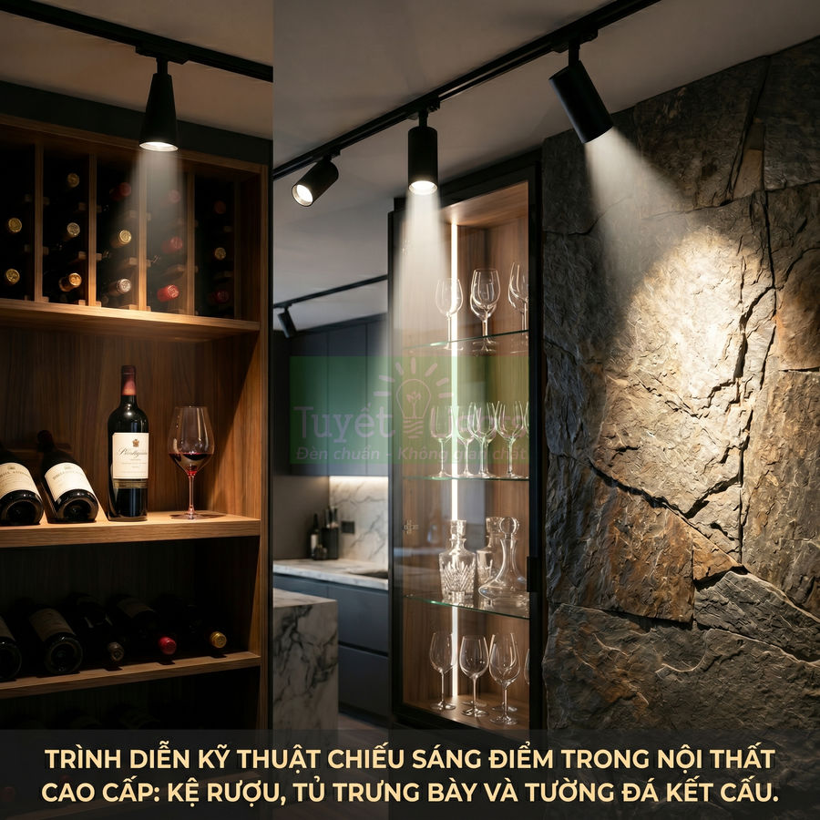 Đèn rọi ray chiếu sáng kệ rượu vang, tủ trưng bày ly thủy tinh và tường đá trang trí trong phòng bếp cao cấp
