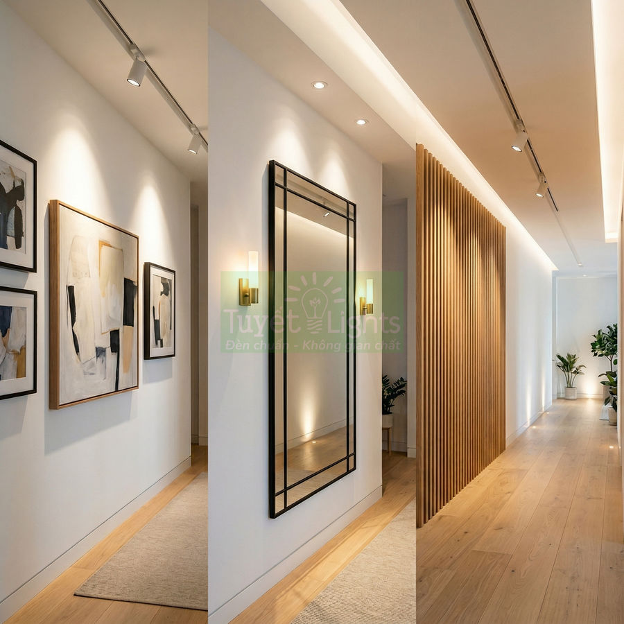 Đèn rọi ray LED chiếu sáng hành lang hiện đại với tranh treo tường và vách gỗ trang trí