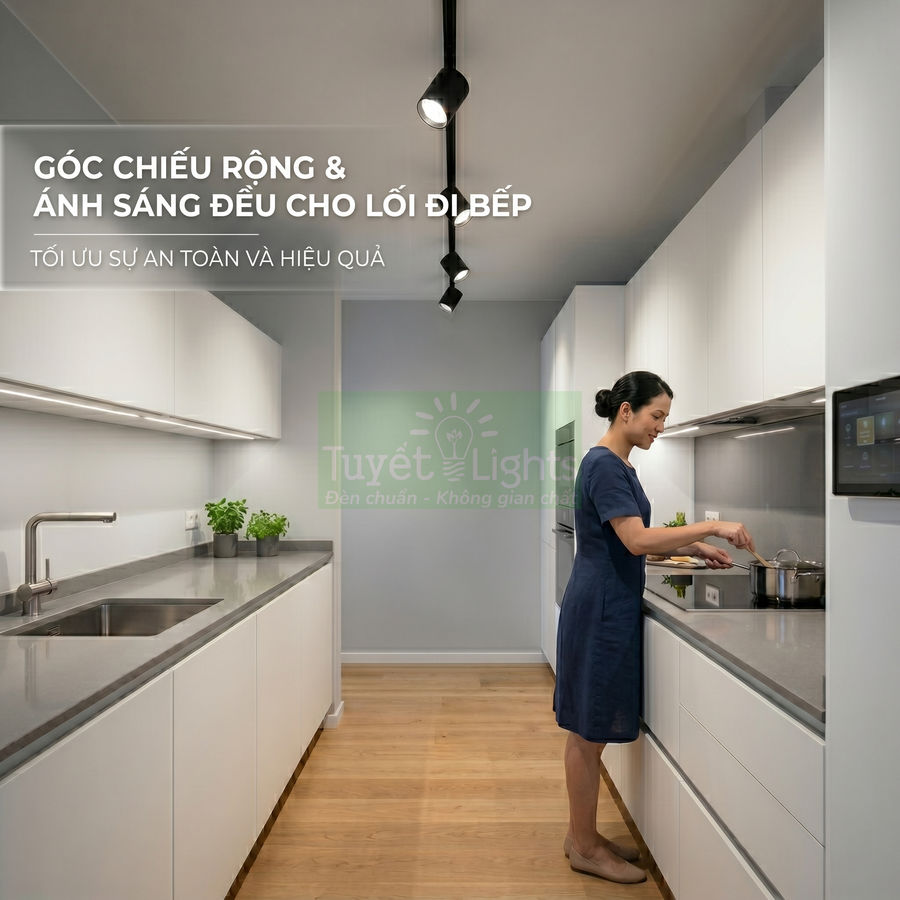 Đèn rọi ray Tuyết Lights chiếu sáng lối đi bếp hiện đại, ánh sáng đều giúp người phụ nữ nấu ăn an toàn