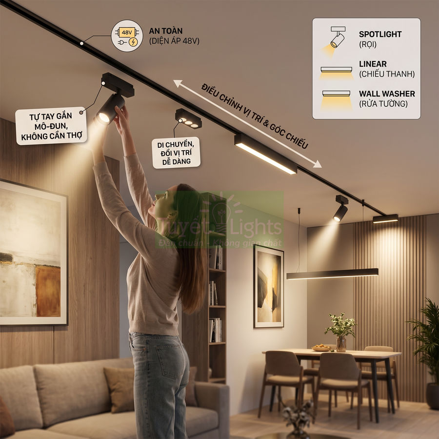Đèn ray nam châm 48V trong phòng khách, người phụ nữ tự điều chỉnh vị trí và góc chiếu đèn spotlight