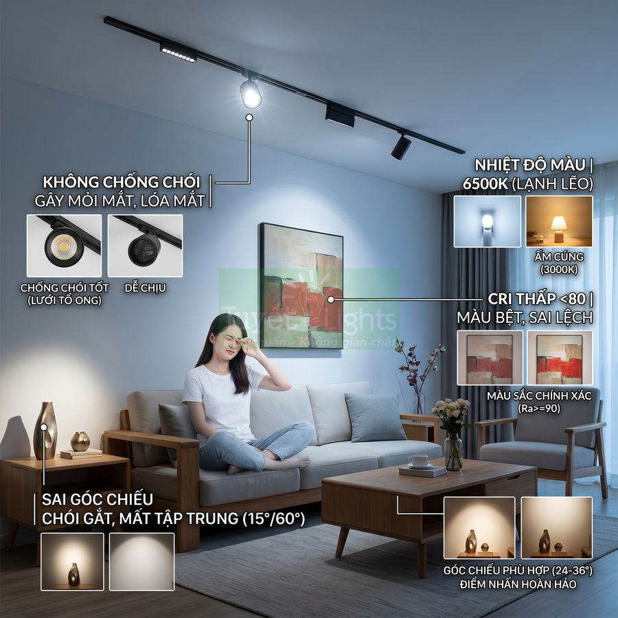 Đèn rọi ray LED trong phòng khách hiện đại, minh họa các lỗi chiếu sáng gây chói và mỏi mắt