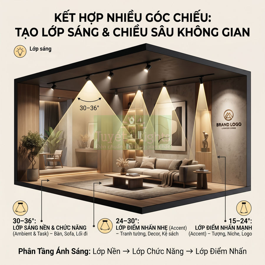 Mẫu thiết kế phòng khách hiện đại với hệ thống đèn rọi ray tạo nhiều lớp sáng và điểm nhấn trang trí