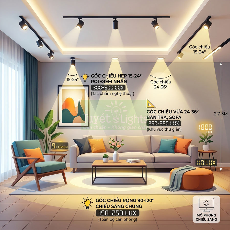 Đèn rọi ray phòng khách hiện đại chiếu sáng sofa, bàn trà và tranh treo tường với các góc chiếu khác nhau