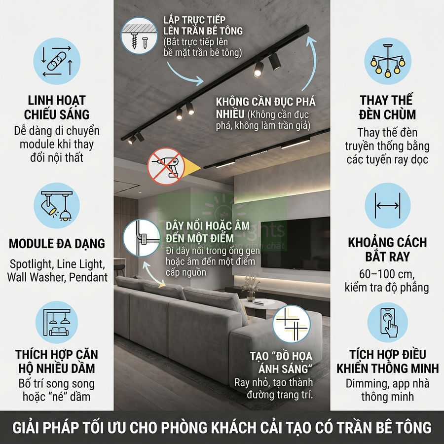 Hệ thống đèn ray spotlight lắp trần bê tông trong phòng khách hiện đại với sofa và kệ tivi