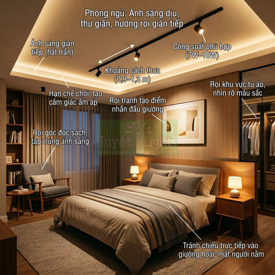 Phòng ngủ hiện đại với hệ thống đèn rọi ray và đèn ngủ ánh sáng vàng dịu tạo không gian ấm áp thư giãn