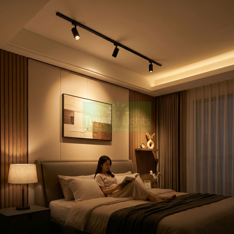 Đèn rọi ray trần chiếu sáng phòng ngủ hiện đại, ánh sáng vàng ấm trên giường và tranh treo tường