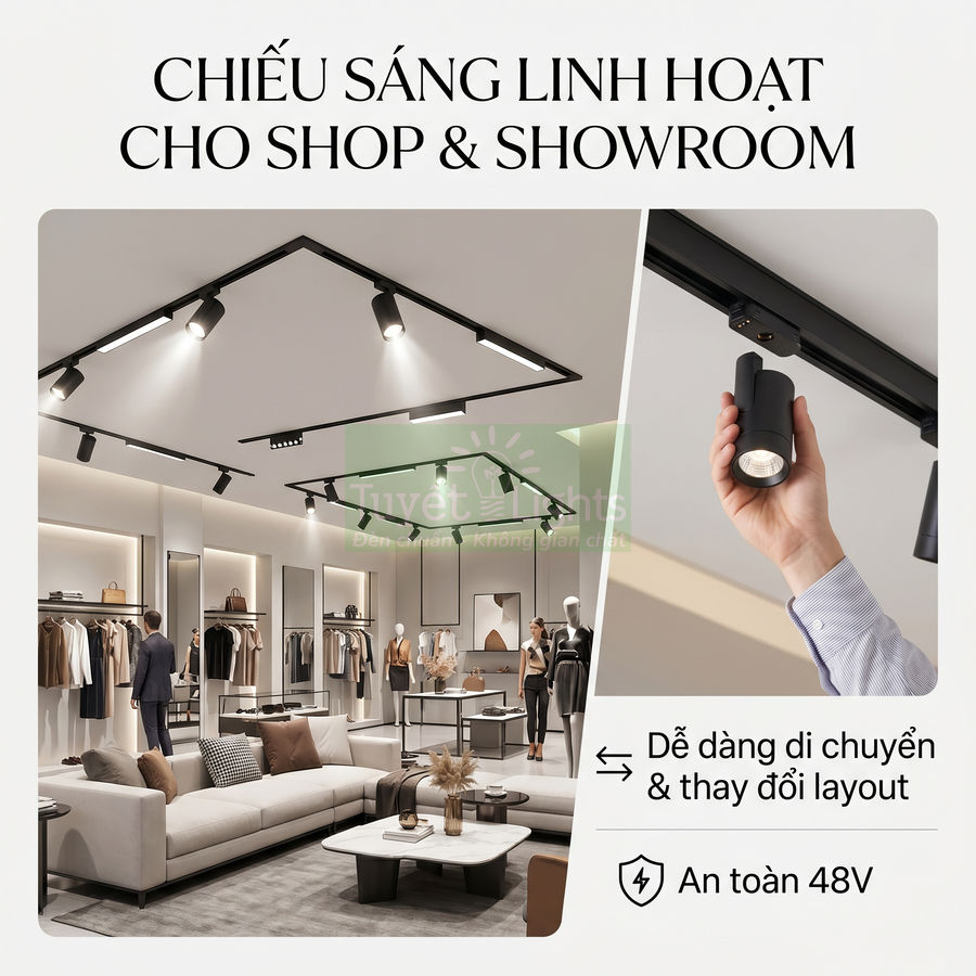 Đèn rọi ray đen chiếu sáng linh hoạt cho shop thời trang và showroom, dễ dàng di chuyển và thay đổi bố trí