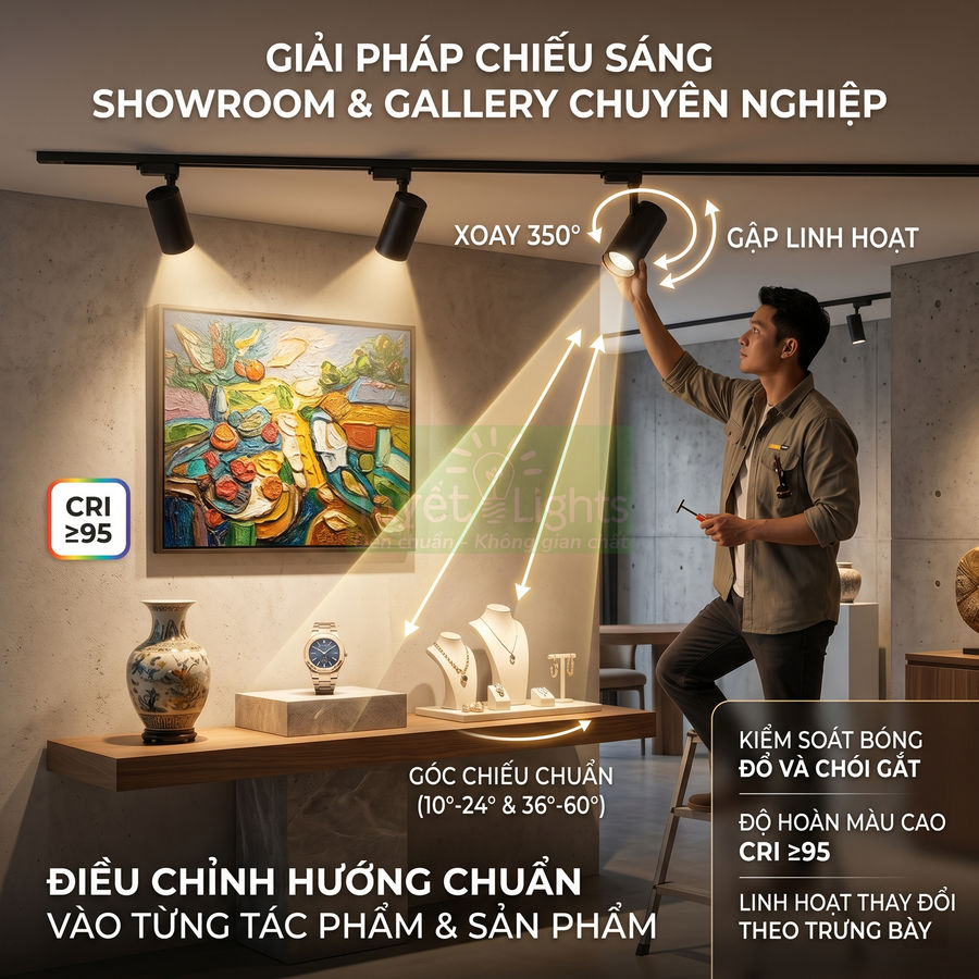 Đèn rọi ray LED chiếu sáng tranh và trang sức trong showroom, thợ kỹ thuật đang điều chỉnh góc chiếu linh hoạt