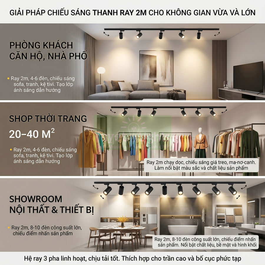 Đèn rọi ray 2m chiếu sáng phòng khách, shop thời trang và showroom nội thất hiện đại