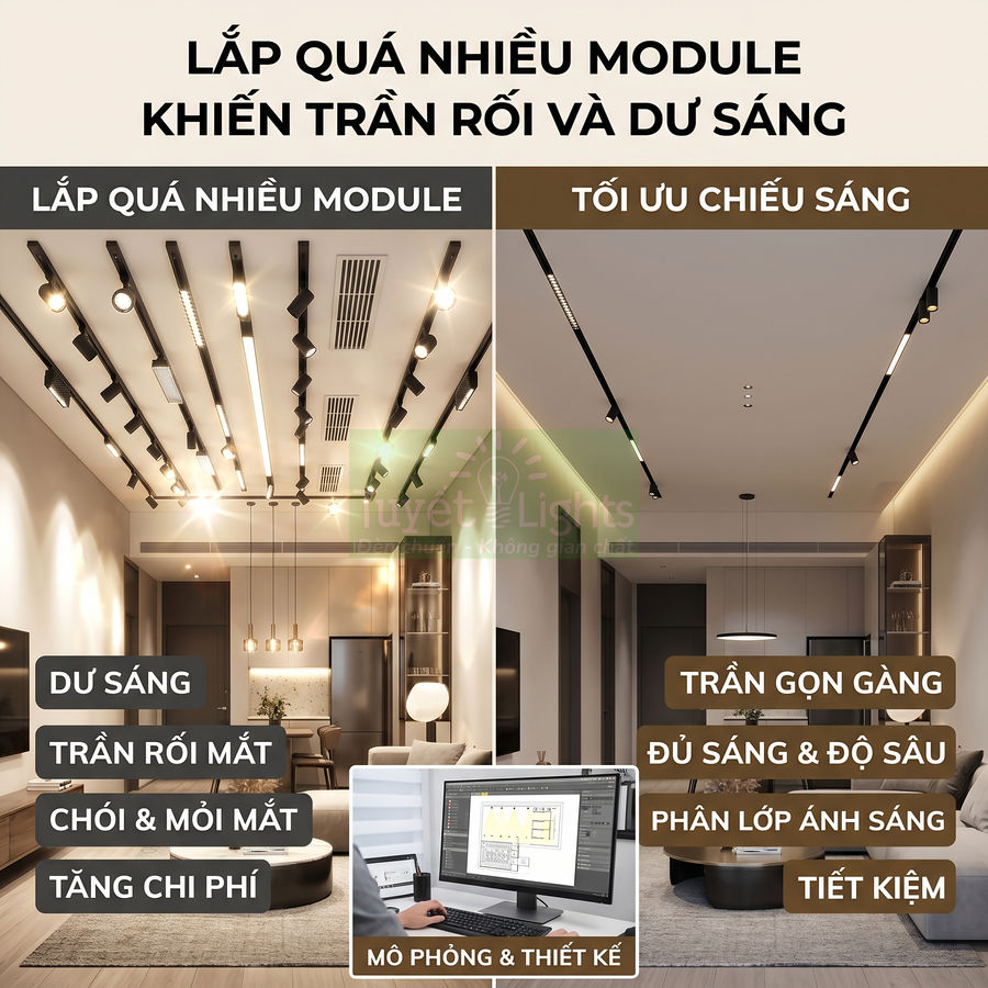 So sánh trần nhà dùng nhiều đèn ray module với trần tối ưu chiếu sáng gọn gàng trong phòng khách hiện đại