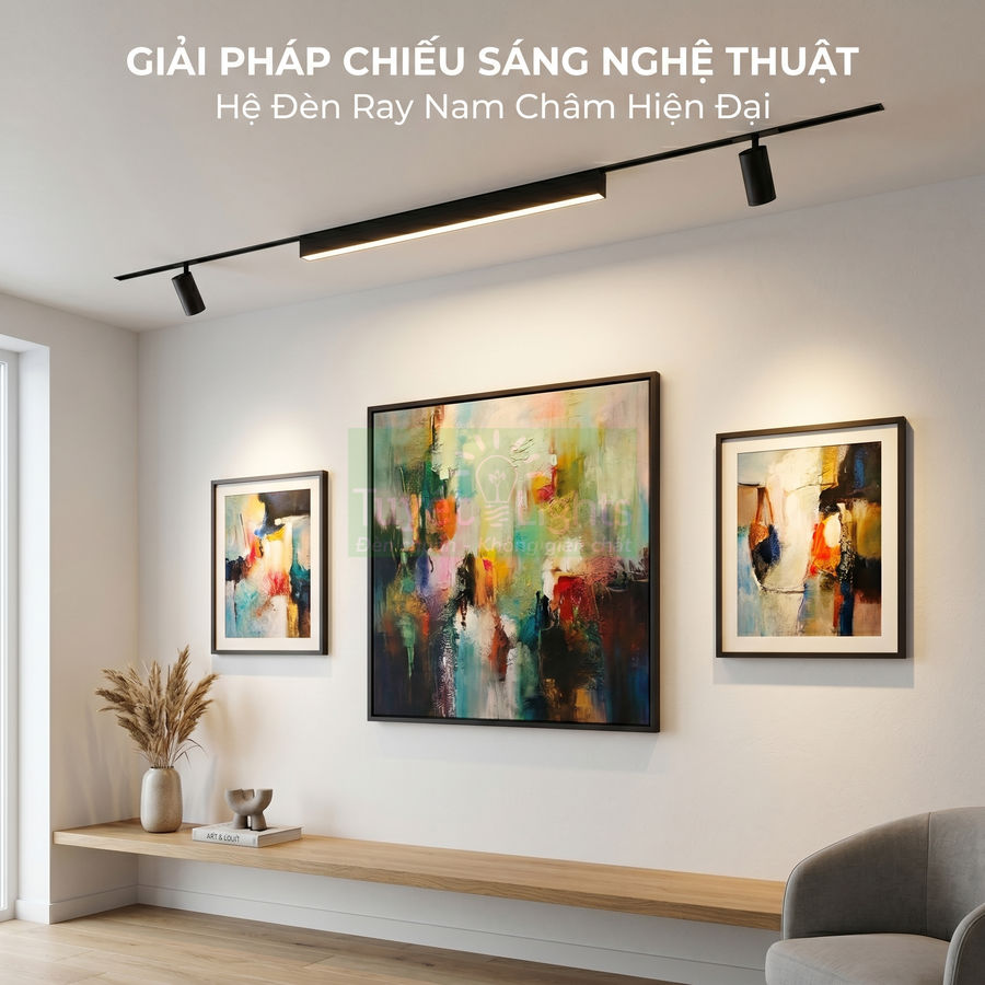 Đèn ray nam châm chiếu sáng tranh treo tường trong phòng khách hiện đại
