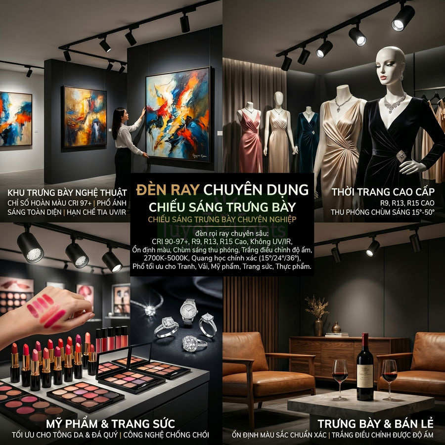 Đèn ray chiếu sáng trưng bày chuyên dụng cho nghệ thuật, thời trang, mỹ phẩm, trang sức và không gian bán lẻ