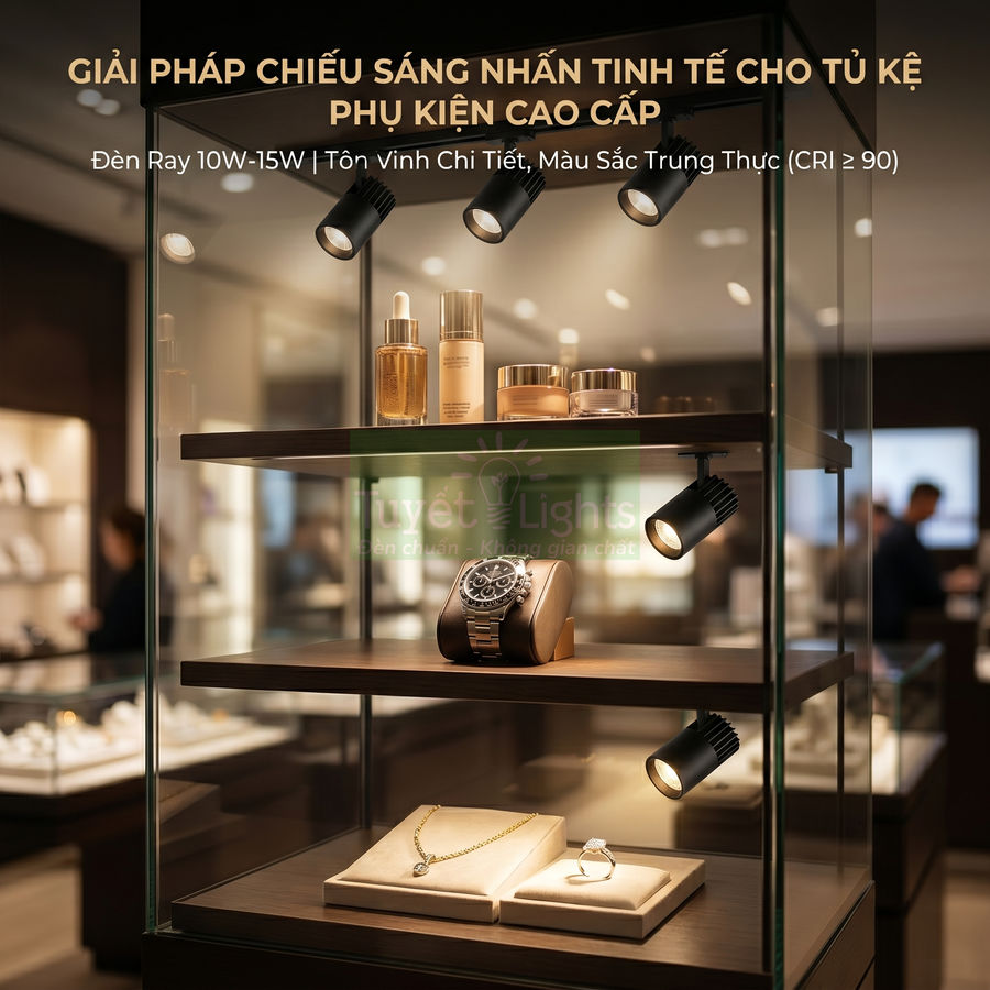 Đèn ray chiếu sáng tủ kính trưng bày đồng hồ, trang sức và mỹ phẩm cao cấp trong cửa hàng sang trọng